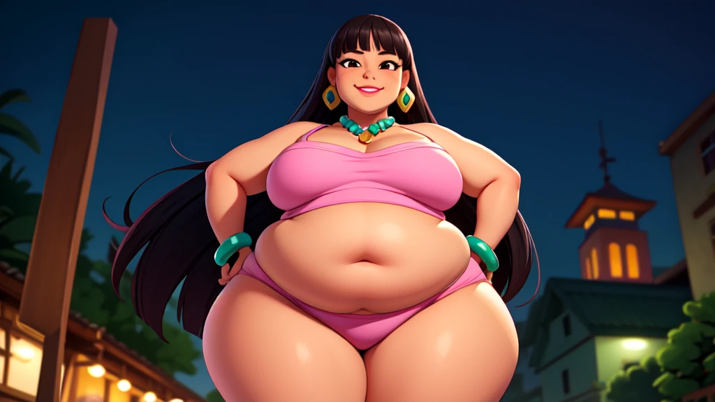(work of art:1.2, best qualityer:1.2), soft ambient lighting, perfect lighting, 1 girl, standing alone, Chel, Bblack hair, long hair, rhombus stripe, eyes browns, darkskin, lipstick, breasts big, Broad Hips, top of the tube, neckleace, bared shoulders, emerald earrings, emerald bracelets, looking at the camera with a smug expression on his face, hands on hips, market bottom, full body market, very large body, fat belly rolls, ssBBW, big breasts, sexy smile, fat arms, thunder thighs, super fat, BBW, looking at viewer