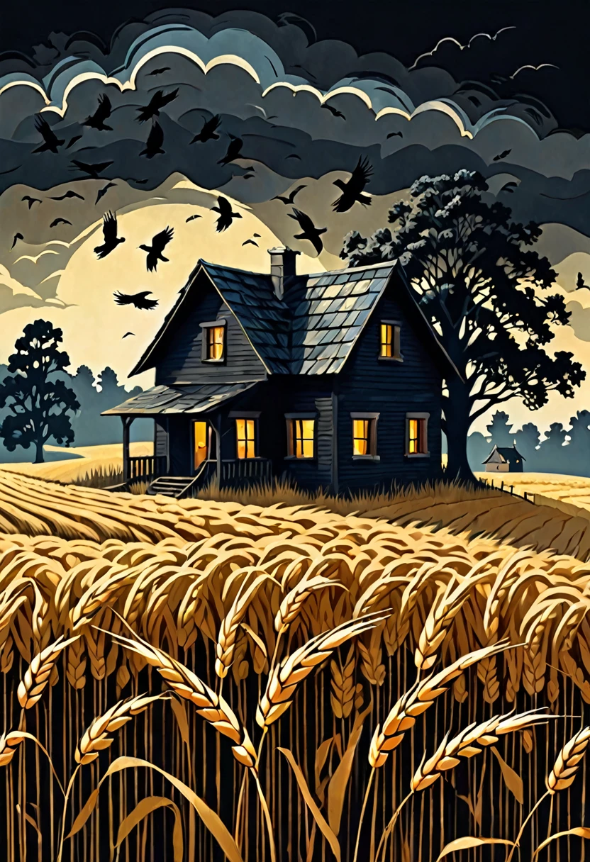 a flock of crows standing trees lurking a cottage house in the middle of a wheat field in a darkened scene with thunders, dark fantasy paper style from the 70s, with intense painting and a german romantic style, shadows 