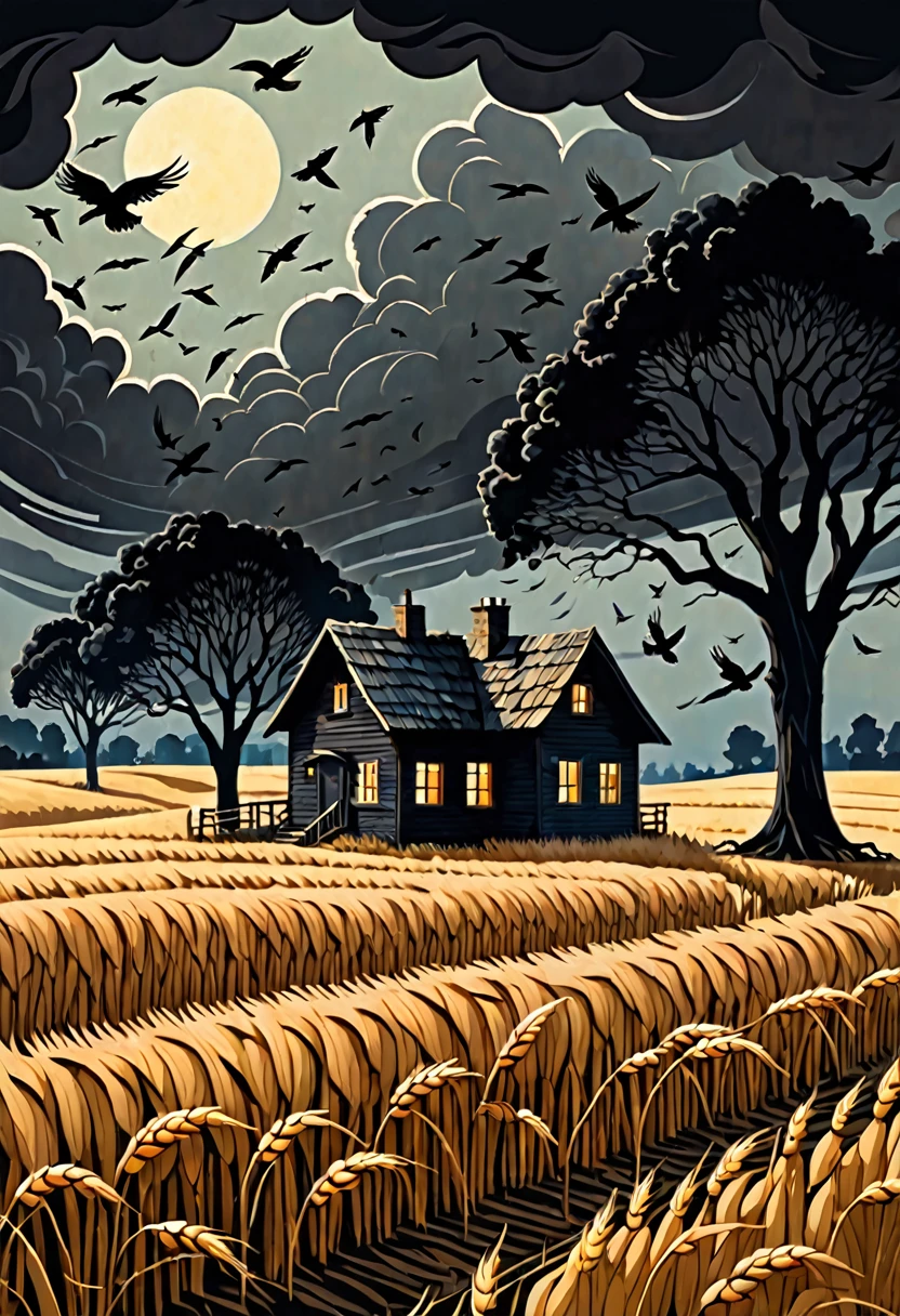 a flock of crows standing trees lurking a cottage house in the middle of a wheat field in a darkened scene with thunders, dark fantasy paper style from the 70s, with intense painting and a german romantic style, shadows 