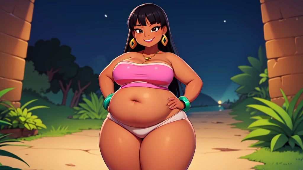 (work of art:1.2, best qualityer:1.2), soft ambient lighting, perfect lighting, 1 girl, standing alone, Chel, Bblack hair, long hair, rhombus stripe, eyes browns, darkskin, lipstick, breasts big, Broad Hips, top of the tube, neckleace, bared shoulders, emerald earrings, emerald bracelets, looking at the camera with a smug expression on his face, hands on hips, market bottom, full body market, very large body, fat belly rolls, ssBBW, big breasts, sexy smile, fat arms, thunder thighs, super fat, BBW, looking at viewer