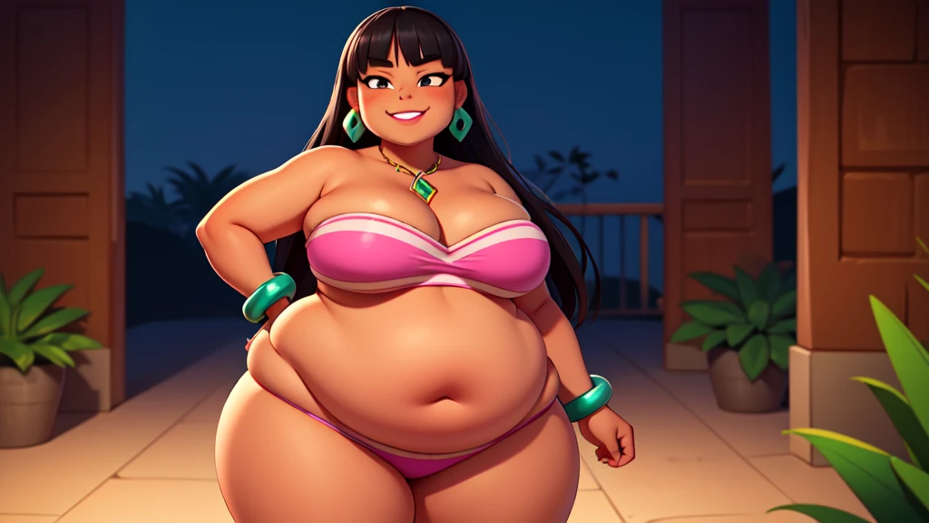 (work of art:1.2, best qualityer:1.2), soft ambient lighting, perfect lighting, 1 girl, standing alone, Chel, Bblack hair, long hair, rhombus stripe, eyes browns, darkskin, lipstick, breasts big, Broad Hips, top of the tube, neckleace, bared shoulders, emerald earrings, emerald bracelets, looking at the camera with a smug expression on his face, hands on hips, market bottom, full body market, very large body, fat belly rolls, ssBBW, big breasts, sexy smile, fat arms, thunder thighs, super fat, BBW, looking at viewer