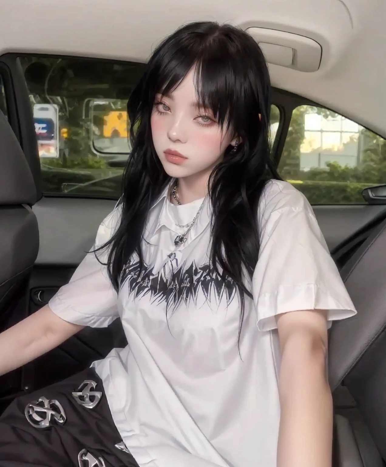 Arafed woman sitting in a car wearing white shirt and black pants., gothic girl aesthetic, cruel korean gothic girl, She wears street clothes, she has black hair with bangs, pale gothic beauty, 1 7 year old gothic girl, gothic aesthetic, witch clothes, white bangsblack hair, black hair and white bangs, hair with black bangs