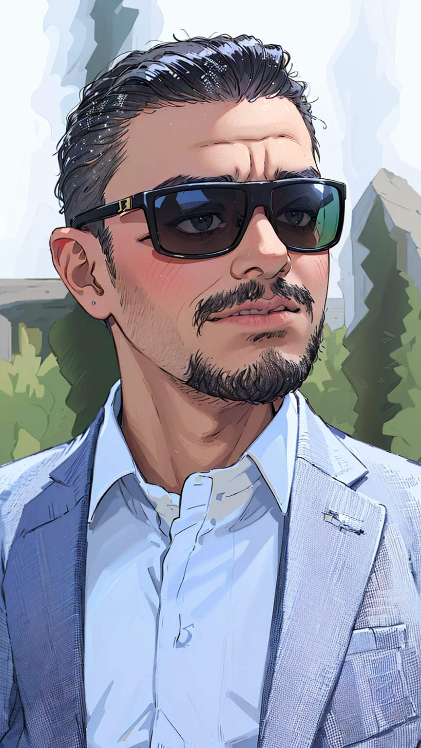 Customary man in suit and sunglasses looking to the side, khyzyl saleem, Suit with black glasses, He wears a suit and glasses, With sunglasses, It looks cool and elegant, Wear Versace sunglasses, Hisham Habashi, ahmad merheb, Riad Qasim, With sunglasseses, Filmed with a Canon EOS R5 camera