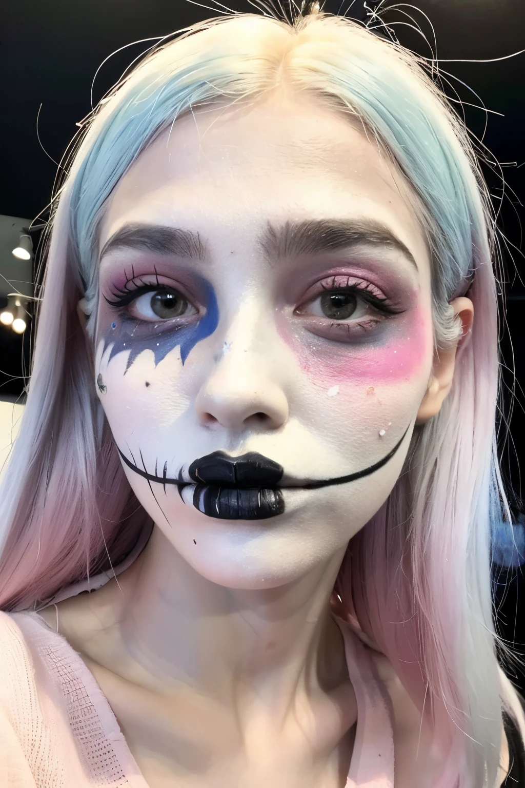 woman, (pastel goth style:1.2), selfie, cute, face painted white, face painted skull, depressed