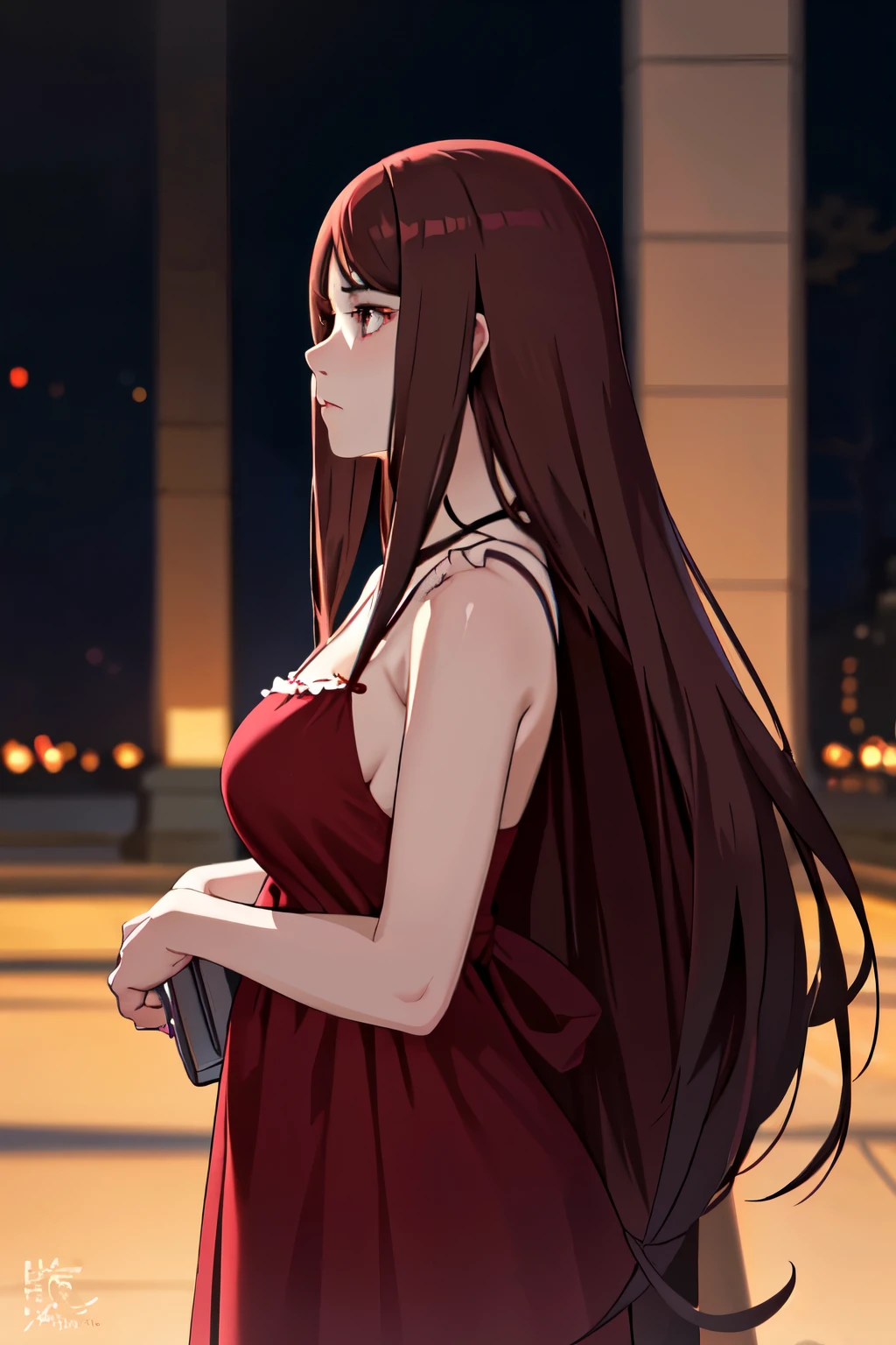 1 girl,cute,Standing facing right, camera angle from the side, photo from the side, looking away, in the park,at night,straight hair,brown hair, bright red eyes,big breast,,Looking away,,Night gown ,half body photo,Closed mouth,sad expression