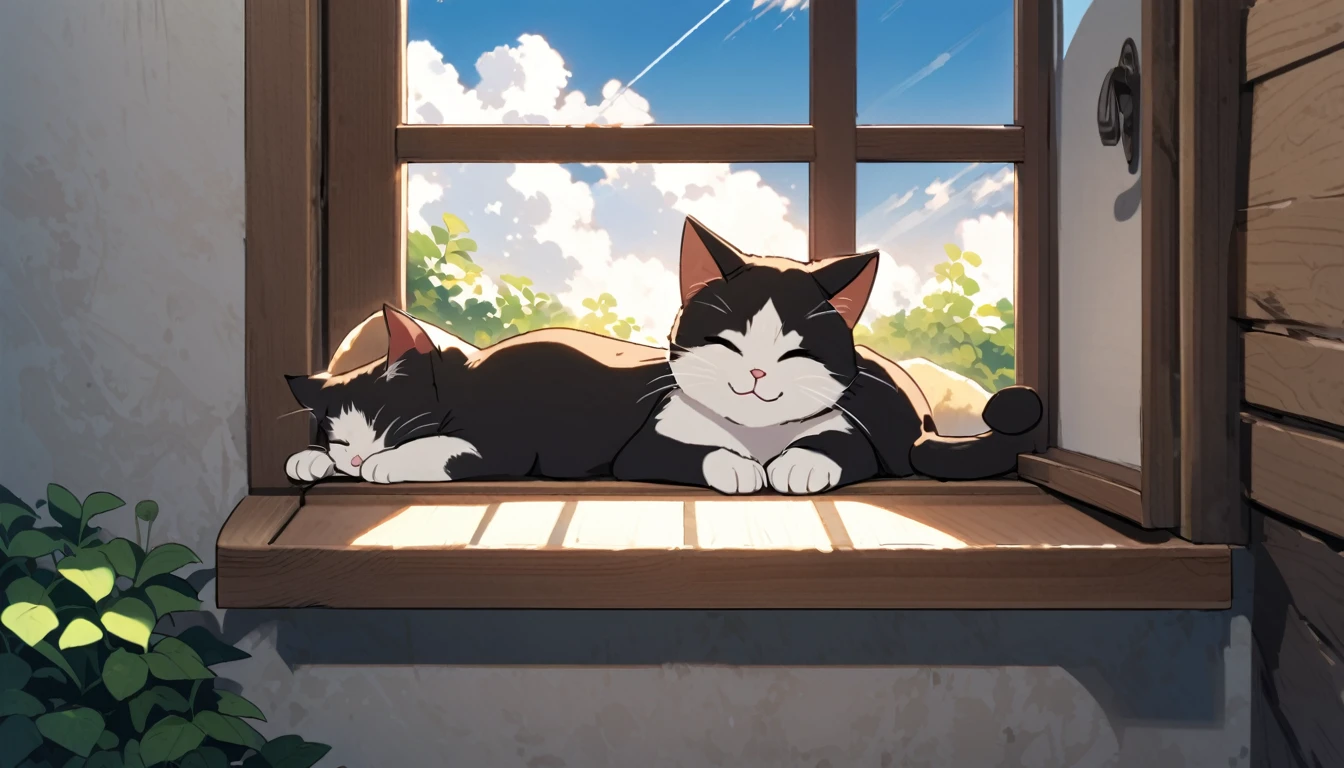 Raising a lazy cat sleeping on a windowsill near the garden on a sunny day