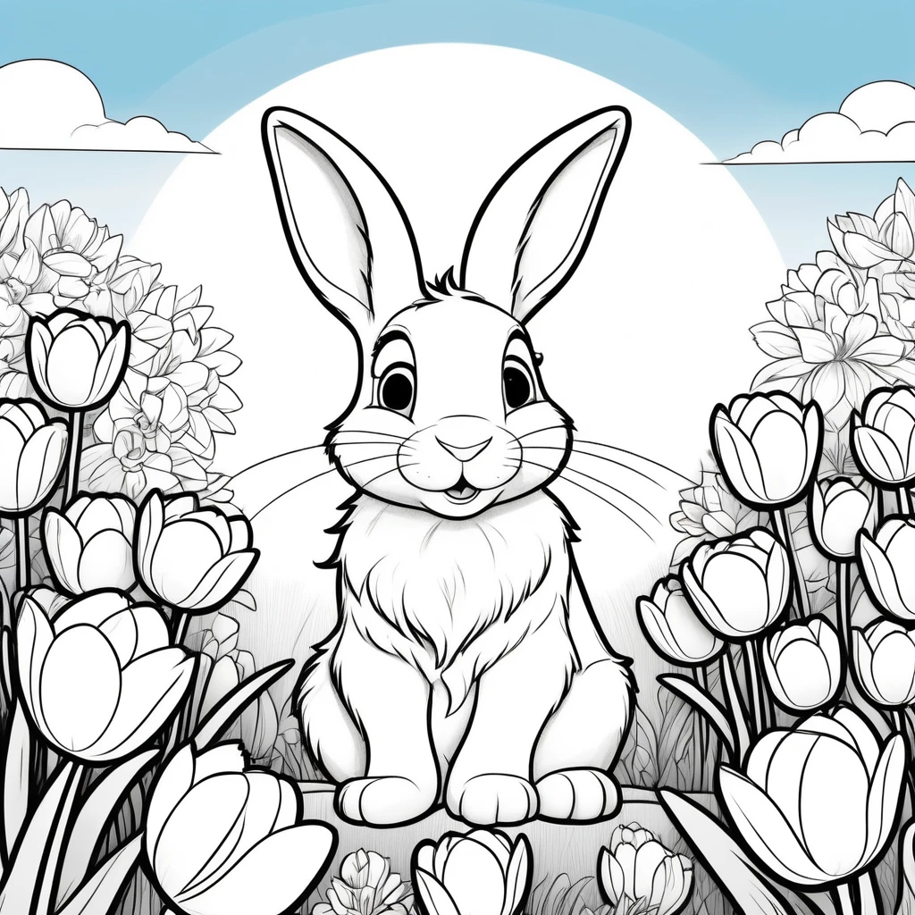 Line drawing, (Pixar style:1.8), (coloring page:1.6) Cute fluffy bunny sitting in a blooming garden filled with vibrant tulips and daffodils under a sunny blue sky , ColoringBookAF , (blank white background:1.4) 