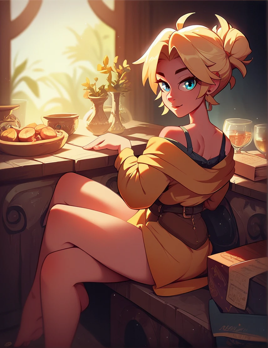 1 girl, hair blonde, yellow off-shoulder blouse, long sleeves, portraite, gazing at viewer,