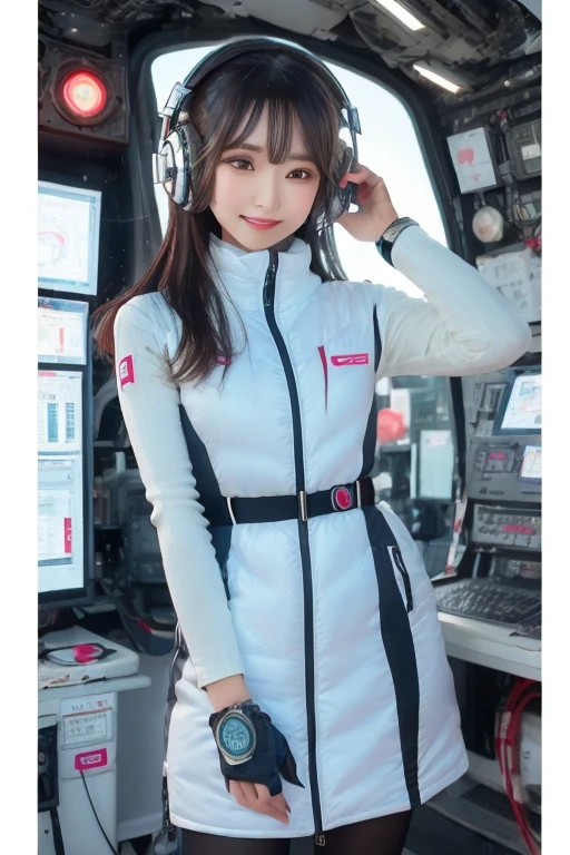 masterpiece, Highest quality, Very detailed, 8K Portrait,Japanese Android Girl,plump , Control panel,Robotic arms and legs, Blunt bangs,,break (Metallic Gray, Metallic luster, Mirror finish, Astro Best):5,headphone:5,break (Black sleeves):100,Smart Watches,Futuristic space station,Control Room,break headphone,blue eyes,(Black Hair):2,(Long Hair):1.3,Displaying the viewer,(respirator),break blush:3,Hidden Hand,smile