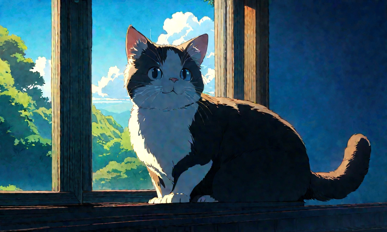 Studio Ghibli-style anime movies, Movie stills, Highest quality, masterpiece, Representative works, Official Art, Professional, Super intricate details, 8K,There is a cat、relax、A cat looking out the window、Beautiful blue sky、lofi
