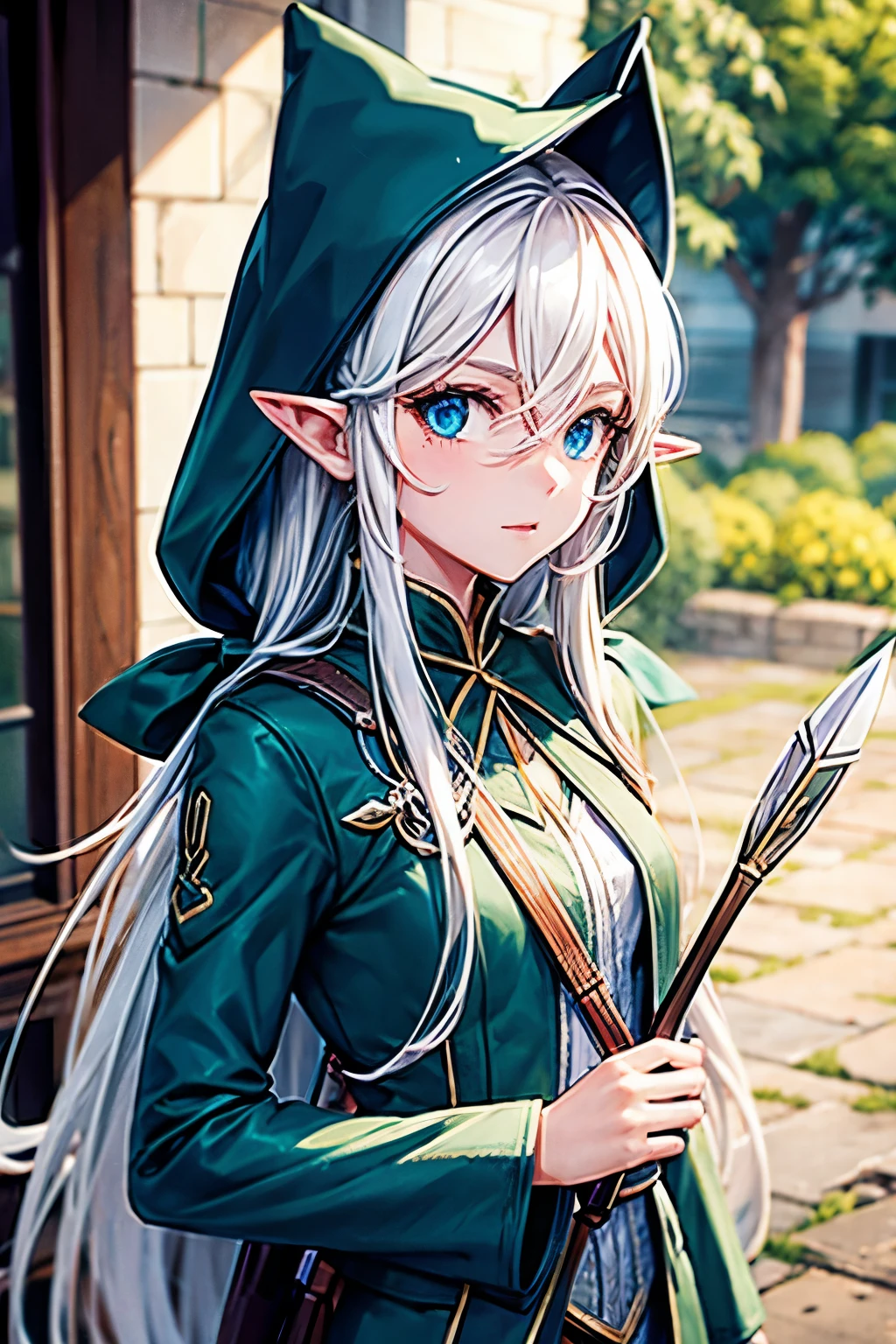 ELF WOMAN, SHOOTER WITH BOW AND ARROW, long white hair, with blue eyes
