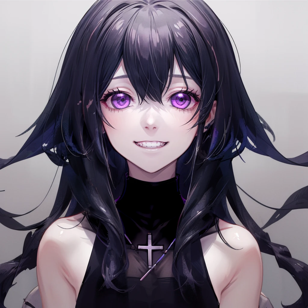 best quality, masterpiece, very aesthetic, half-length portrait, front view, facing_viewer, Front Facing,1 girl, black hair, long hair, monochromatic, pale face, crazy eyes, insane, sleeveless turtleneck, wearing coat with low hanging shoulders, purple eyes, looking_at_viewer, yandere face, gesugao, crazy grin, black linings, stark white background, plain background, simple_background ,edgGesugao, yandere,
