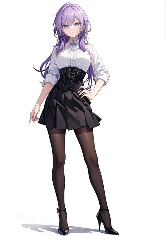 Purple Hair,Long Hair,Adult female,White Y-shirt,((Roll up her sleeves)),(corset),(Black tight skirt),(High heels),((A simple, blank white background)),smile,((full body)),((whole body)),