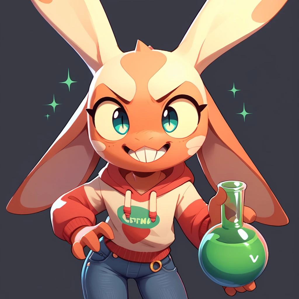 an anthropomorphic furball monster, with long ears, pointy teeth, who smiles, pop fizz, dressed in jeans, with a green potion in his hand