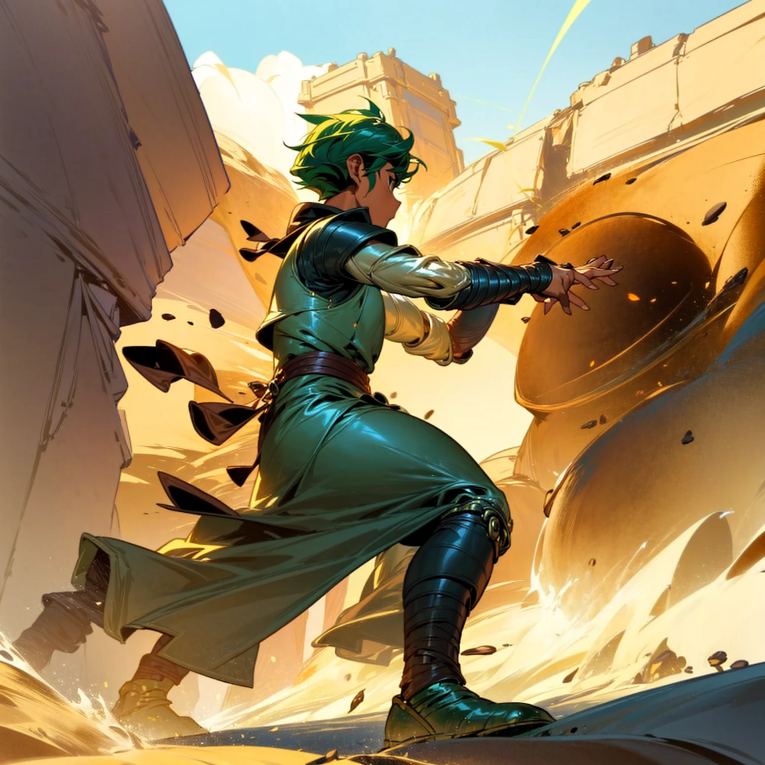 1boy, Full body version, 1character, (sand wanderer), brown eyes color, dark skin, Curly cut hairstyle, small eyes type, green colour hair, doctor ancient roman clothing style, white color clothing, dark green robe, Ancient roman boots, armor vest, sands in two hand, Grassroots background in desert, (battle, battle gesture, battle poses, view character on small, He a sand wanderer, he controls sand with his hands, he fights enemies with sand, enemies, bandits, Fighting, intense battles, fighting in desert, Dynamic Pose, Motion Blur, emphasis lines, sparks, plasma, aura)