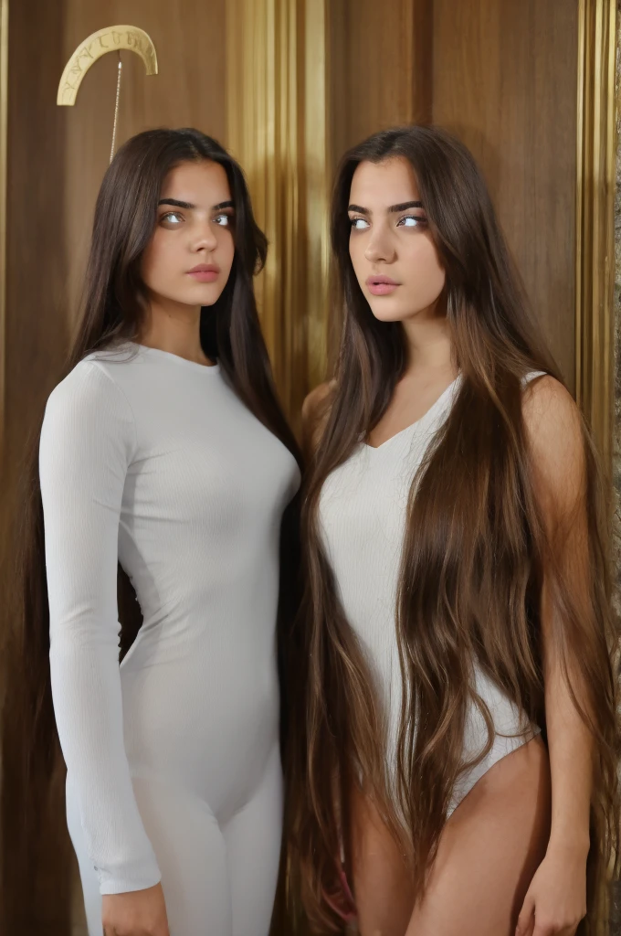 2 greek girls with Rapunzel  Hair, Hourglass figure, looking at a pendulum in the middle of the screen, blank white eyes