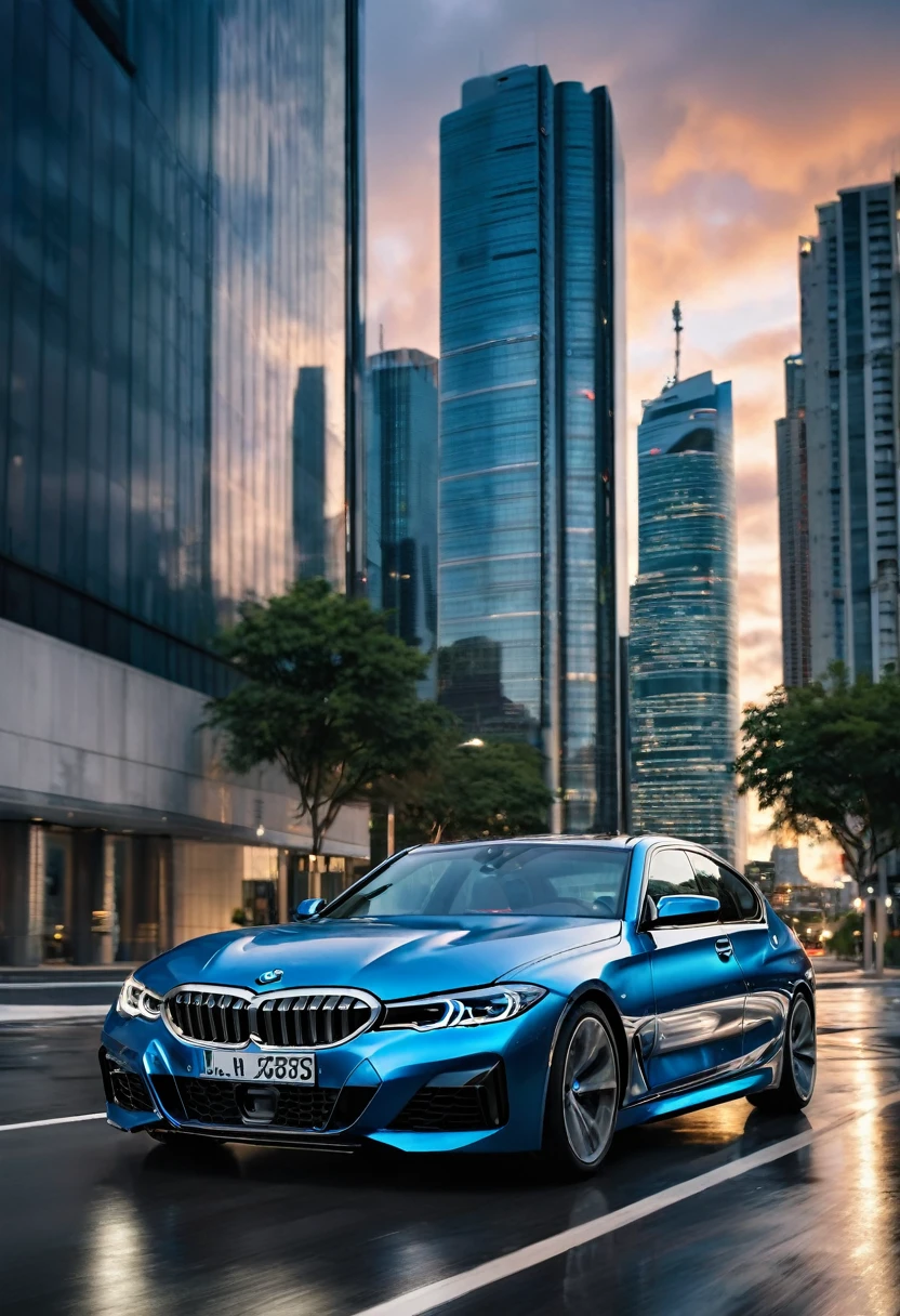 An image with a modern urban background, featuring a cloudy sky and distant tall buildings, suggesting an urban environment at dusk. In the center of the scene, a metallic blue luxury bmw car is at a road the camera has a low angle regard the car focusing at the car front