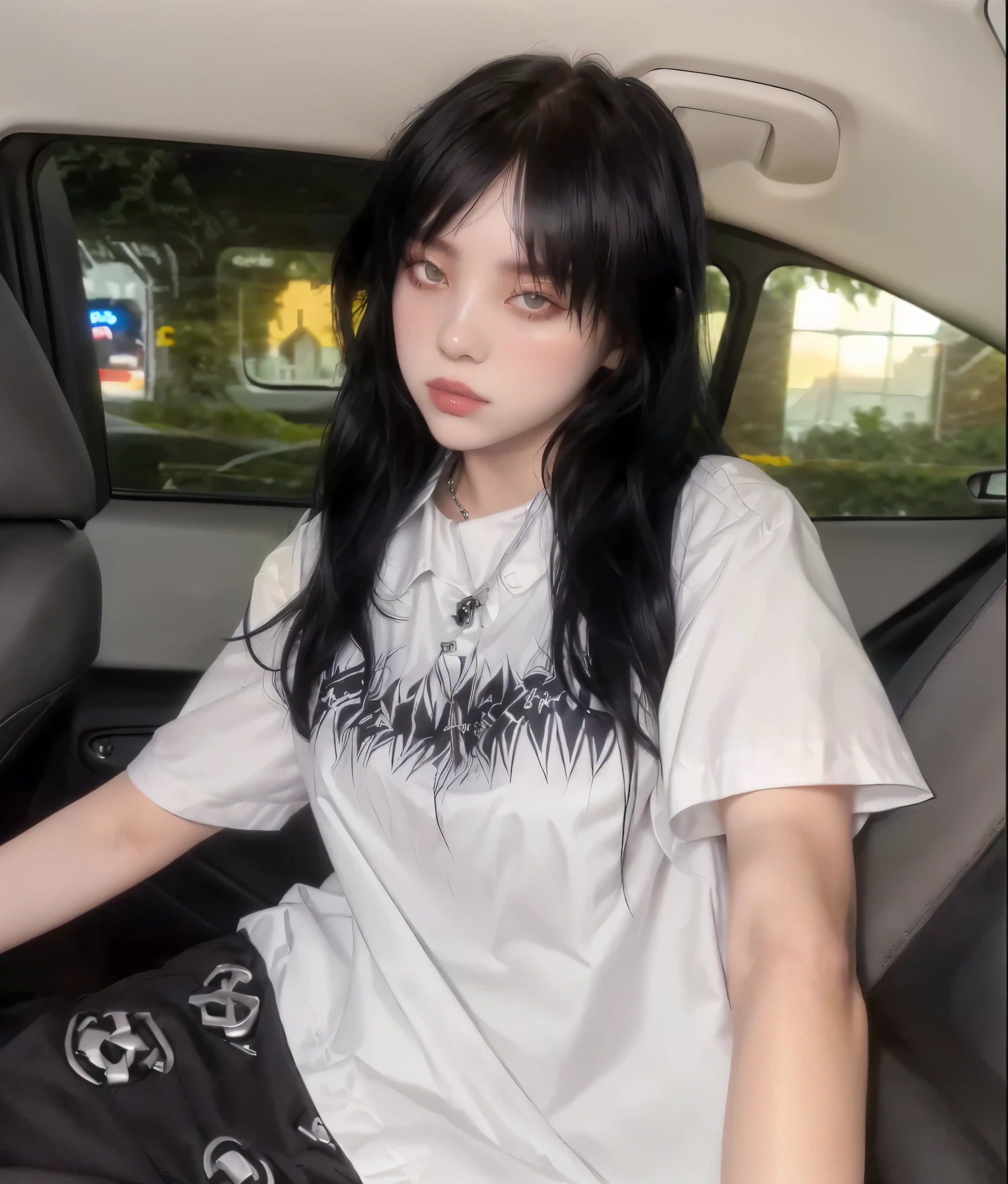 Arafed woman sitting in a car wearing white shirt and black pants., gothic girl aesthetic, cruel korean gothic girl, She wears street clothes, she has black hair with bangs, pale gothic beauty, 1 7 year old gothic girl, gothic aesthetic, witch clothes, white bangsblack hair, black hair and white bangs, hair with black bangs