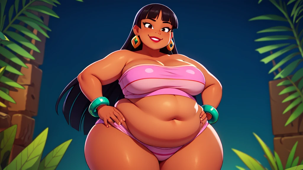 (work of art:1.2, best qualityer:1.2), soft ambient lighting, perfect lighting, 1 girl, standing alone, Chel, Bblack hair, long hair, rhombus stripe, eyes browns, darkskin, lipstick, breasts big, Broad Hips, top of the tube, neckleace, bared shoulders, emerald earrings, emerald bracelets, looking at the camera with a smug expression on his face, hands on hips, market bottom, full body market, very large body, fat belly rolls, ssBBW, big breasts, sexy smile, fat arms, thunder thighs, super fat, BBW, looking at viewer