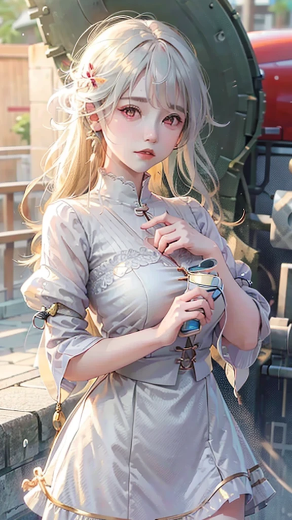 masterpiece, best quality, extremely detailed, cinematic lightning, intricate detail, highres, official art, finely detailed beautiful face and eyes, high resolution illustration, 8k, depth of field, bokeh, solo, 1girl, a girl with white hair and red eyes, long white hair, beautiful red eyes, beautiful landscape, rainy city, upper body, looking at viewer, close up