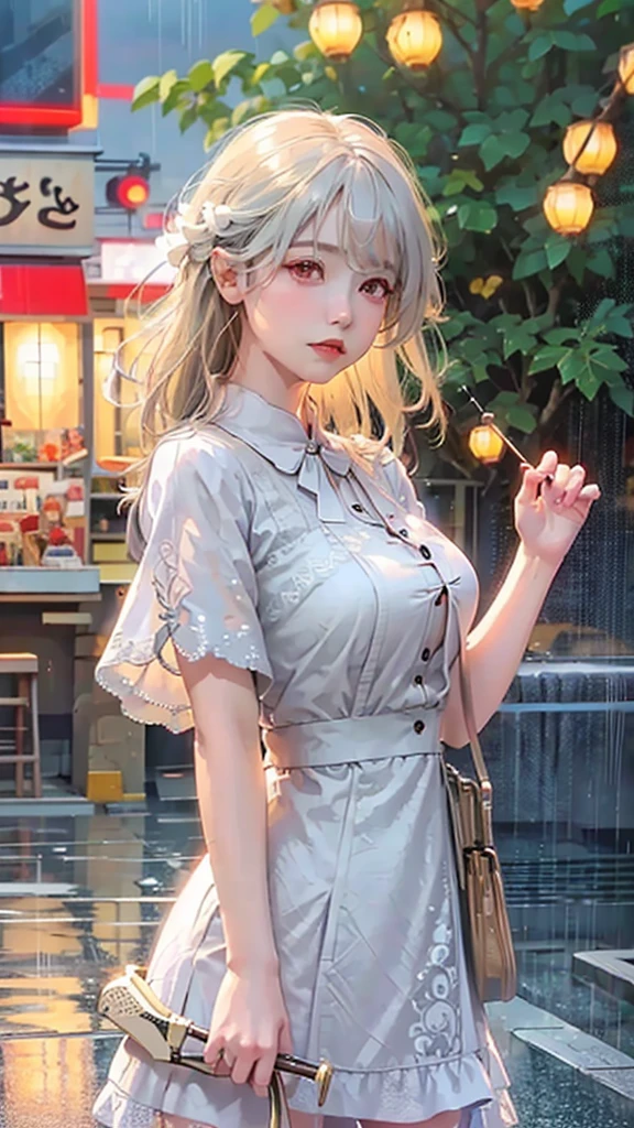 masterpiece, best quality, extremely detailed, cinematic lightning, intricate detail, highres, official art, finely detailed beautiful face and eyes, high resolution illustration, 8k, depth of field, bokeh, solo, 1girl, a girl with white hair and red eyes, long white hair, beautiful red eyes, beautiful landscape, rainy city, upper body, looking at viewer, close up