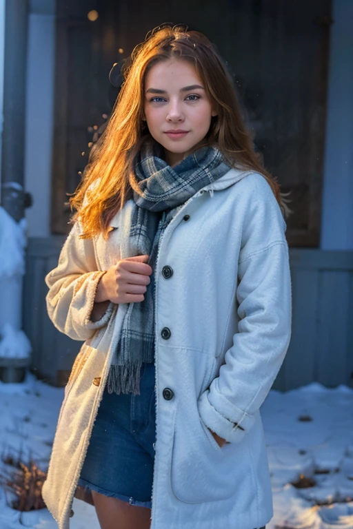 ((Rosto de AlexiaThompson01R)). O rosto de AlexiaThompson01R, 12 years old, emerges from the falling snow, her straight blonde hair capturing the softness of flakes dancing in the wind. Dressed in yellow winter clothes, his jacket and scarf shine like sunbeams against the icy backdrop. Your blue eyes radiate joy and your smile lights up the room, breaking the monotony of the cold day. Her body, enveloped by the warmth of your cold clothes, seems energized by the happiness that overflows. Your posture is arrogant, as if you dare winter to steal your joy. AlexiaThompson01R is more than just a kid in the middle of a Canadian winter; She is an image of hope and renewal, a radiant light amidst the cold darkness. Kale. full Kale;