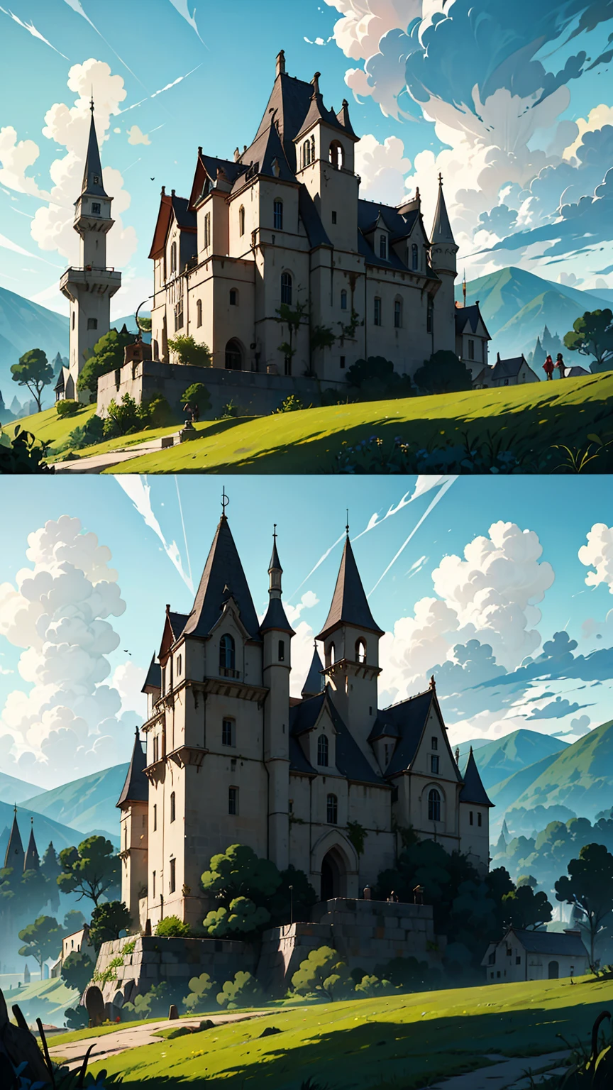 1 medieval fantasy scene, detailed medieval castle, gothic architecture, dramatic lighting, moody atmosphere, overcast sky, rolling hills, lush green meadows, stone bridges, cobblestone streets, ornate iron gates, wooden watchtowers, (best quality,4k,8k,highres,masterpiece:1.2),ultra-detailed,(realistic,photorealistic,photo-realistic:1.37),intricate textures, rich color palette, dramatic chiaroscuro, cinematic composition, grand scale, 15th century, historical accuracy