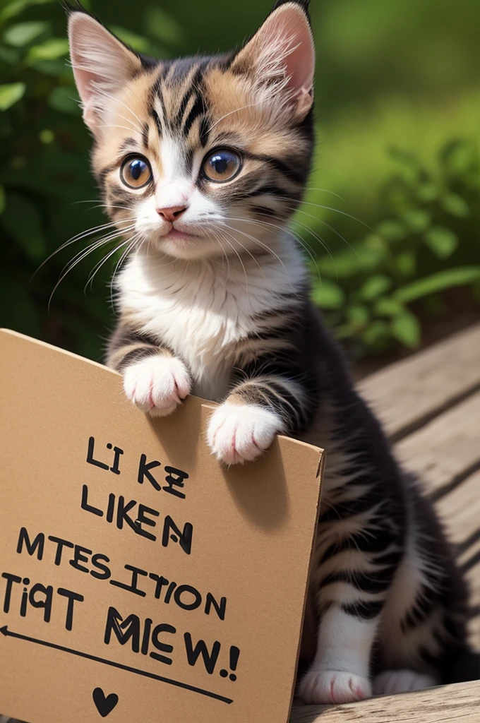 Create a realistic image of a kitten holding a sign in its hand that says 'Like and follow me'. Please use a forest background and ensure the kitten is looking forward with a pleading expression for people to like and follow.