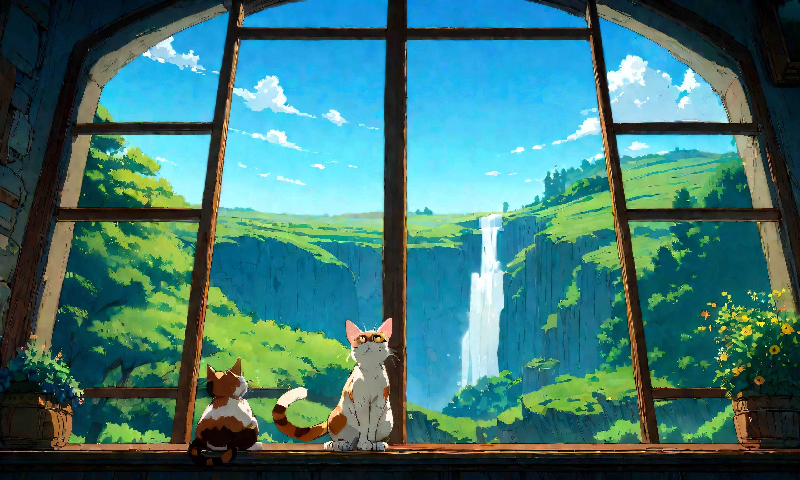 Studio Ghibli-style anime movies, Movie stills, Highest quality, masterpiece, Representative works, Official Art, Professional, Super intricate details, 8K,There is a cat、relax、A cat looking out the window、Beautiful blue sky、lofi
