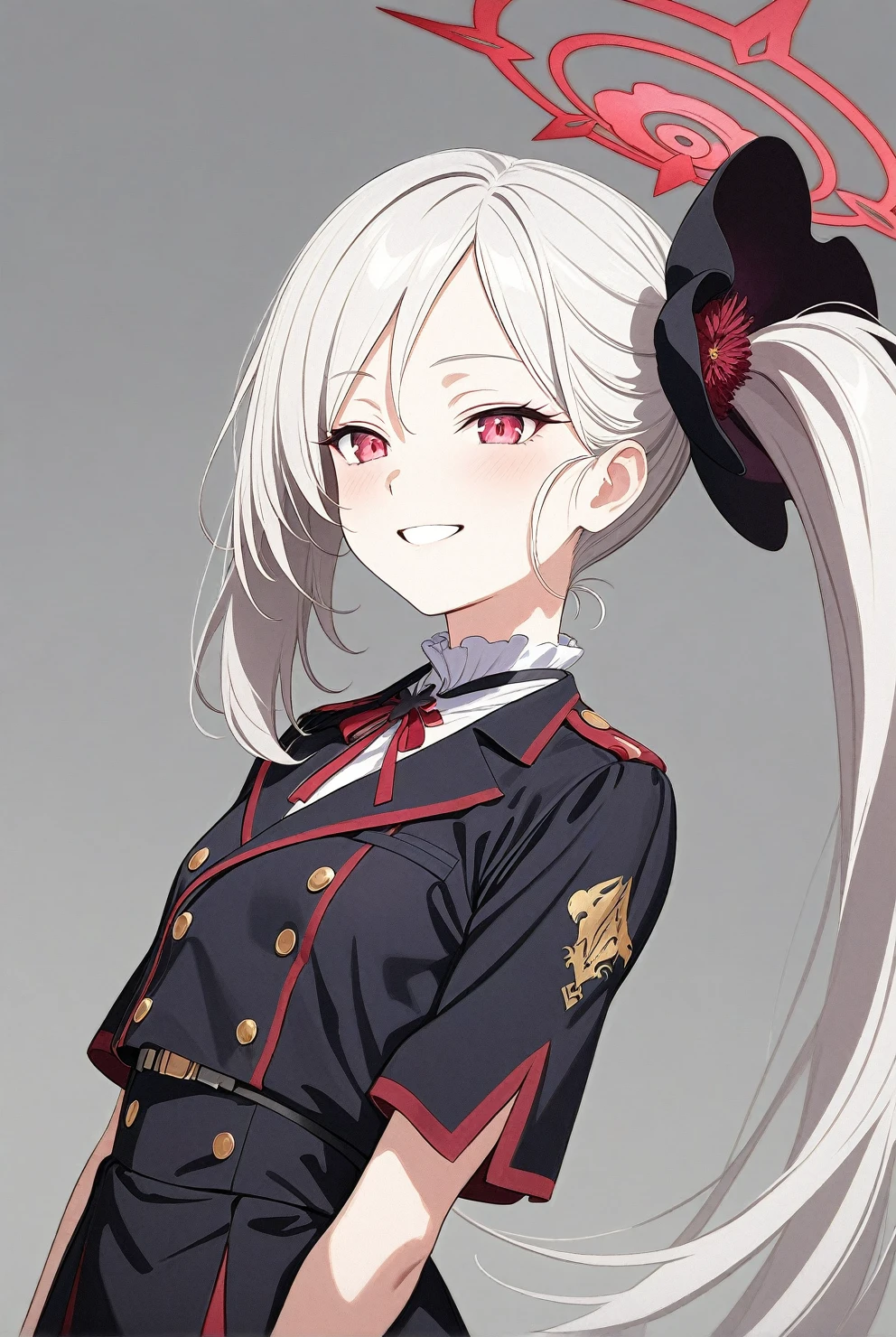 best quality, amazing quality, very aesthetic, absurdres, (1girl, mutsuki, blue archive, solo, red eyes, white hair, side ponytail), (artist official art:1.5), (realistic face:0.7), (smile, tight clothing), (cowboy shot), (glowing eyes:1.2), (half closed eyes:0.9), (thigh),perfect face, 4k, extremely detailed eyes, perfect anatomy, light rays, extremely delicate body, smooth skin, (gray background:1.5), clear eyes, beautiful face, small breasts, (Chiaroscuro:1.5), (highres:1.8), cinematic