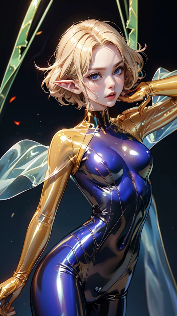 in 8K、glossy latex suit、(((Transparent latex suit)))、(((Transparent latex suit)))、short golden hair with arms behind head、Beautiful woman with blue eyes、Latex suit that shows off your body line beautifully、Upper body only,elf woman, detailed yees, detailed hands, detailed face, full body, detailed hands, Detailed Hands, full body, flowers, full body
