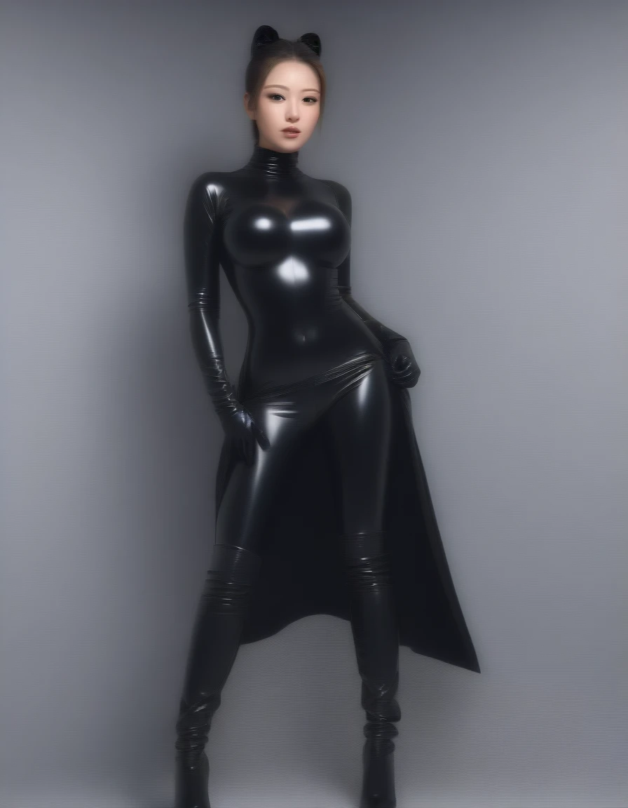 NSFW, Woman, big breast, black latex catsuit, long black latex gloves, long black latex boots, black latex corsett, black latex raff, beautiful face, houerglas, photorealistic, full body, ponytail