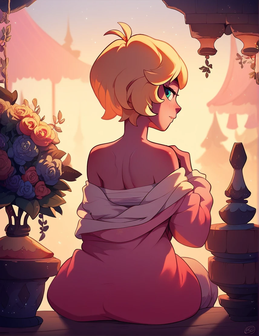 1 girl, hair blonde, yellow off-shoulder blouse, long sleeves, portraite, gazing at viewer, pink back ground