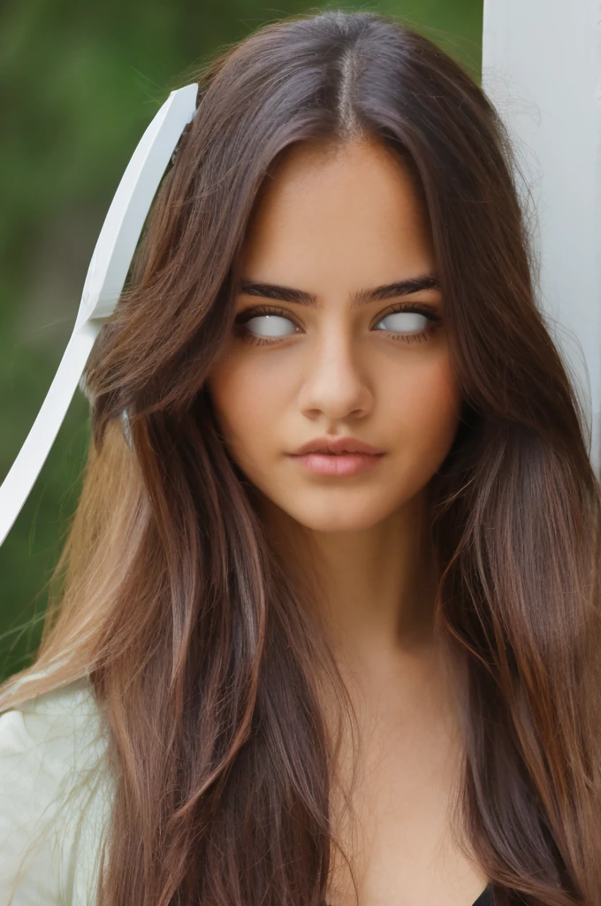 greek girl with Rapunzel Hair, Hourglass figure, a mind control device on their heads, blank white eyes