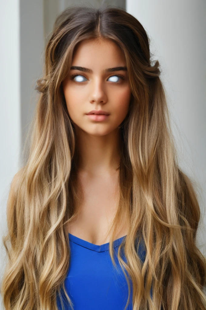 greek girl with Rapunzel  Hair, Hourglass figure, a mind control device on their heads, blank white eyes