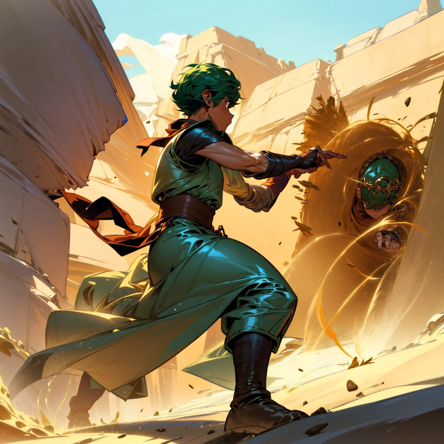 1boy, Full body version, 1character, (sand wanderer), brown eyes color, dark skin, Curly cut hairstyle, small eyes type, green colour hair, doctor ancient roman clothing style, white color clothing, dark green robe, Ancient roman boots, armor vest, sands in two hand, Grassroots background in desert, (battle, battle gesture, battle poses, view character on small, He a sand wanderer, he controls sand with his hands, he fights enemies with sand, enemies, bandits, Fighting, intense battles, fighting in desert, Dynamic Pose, Motion Blur, emphasis lines, sparks, plasma, aura)