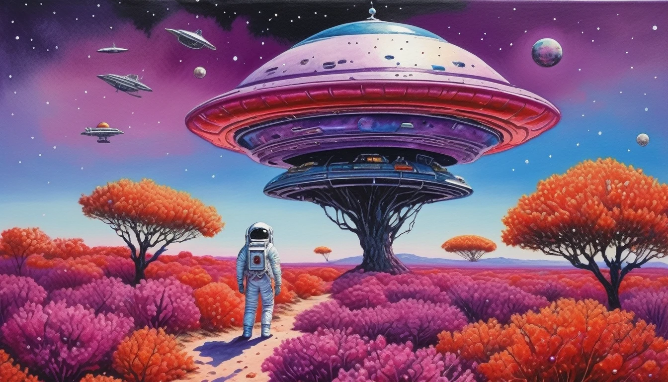 an astronaut with apples on an alien planet among local coral trees made of precious rubies, a flying saucer against a purple sky (by Vincent-Di-Fate), fresh watercolor palette canvas/acrylic, intricate, extreme detail, complex key, ((single shot)), ((best quality)), ((masterpiece)), ((realistic)), 8k