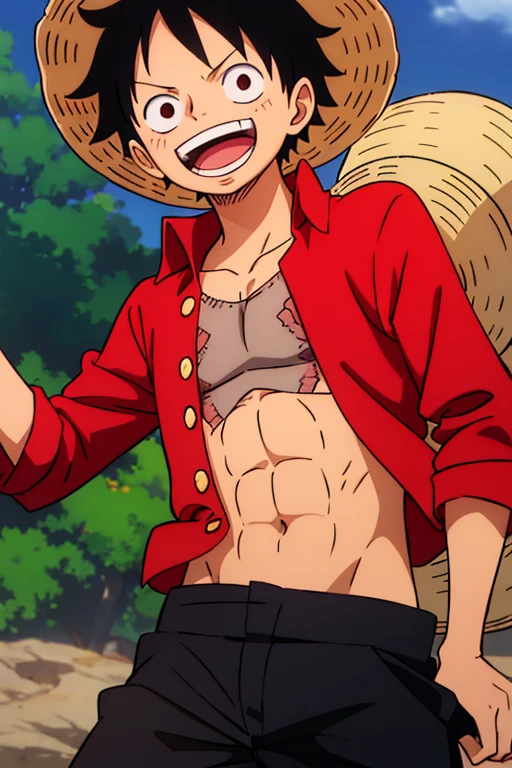 A highly detailed illustration of monkey d luffy, wearing a straw hat, scar under left eye, smiling, teeth, open mouth, cowboy shot, looking at viewer,black pants, red open shirt, luxury banquet hall in background, scar on chest