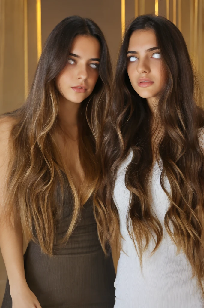 2 greek girls with Rapunzel Hair, Hourglass figure, fixated by a pendulum in the middle of the screen, blank white eyes