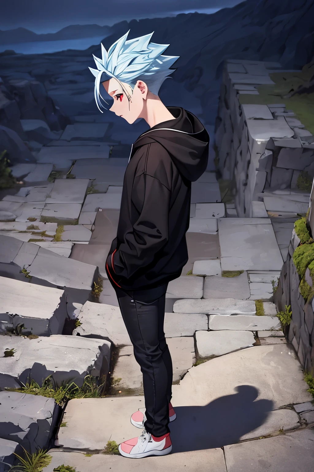 masterpiece, best quality, ultra-detailed, illustration, 1boy, solo, black hoodie,black trousers, Standing, at night, looking away, ,Facing right, camera angle from the side, photo from the side,close up photo , ban_nanatsu_no_taizai,Blue hair, red eyes