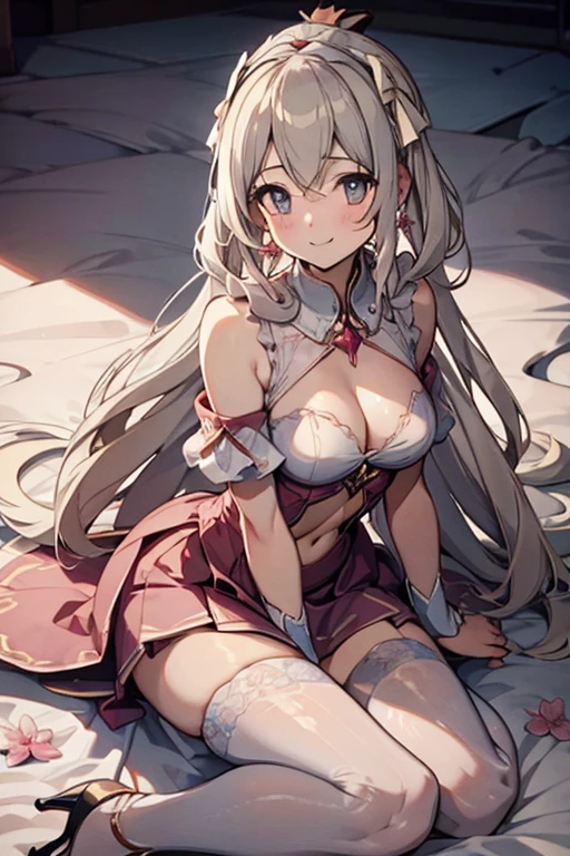 Adult Woman, Long dark blonde wavy hair、her thin pubic hair, White and pink dress, Puffy nipple、(Long flared skirt)、garter stocking、beautiful tiara、Earring、Medium milk, cute smile face、(Pose to lean forward and emphasize the chest)、sexy hips、high-heels、atlibrary、Sit on your knees on the floor、((Close your arms to your chest and look up)),(with sparkling eyes and a contagious smile), looking at viewer,