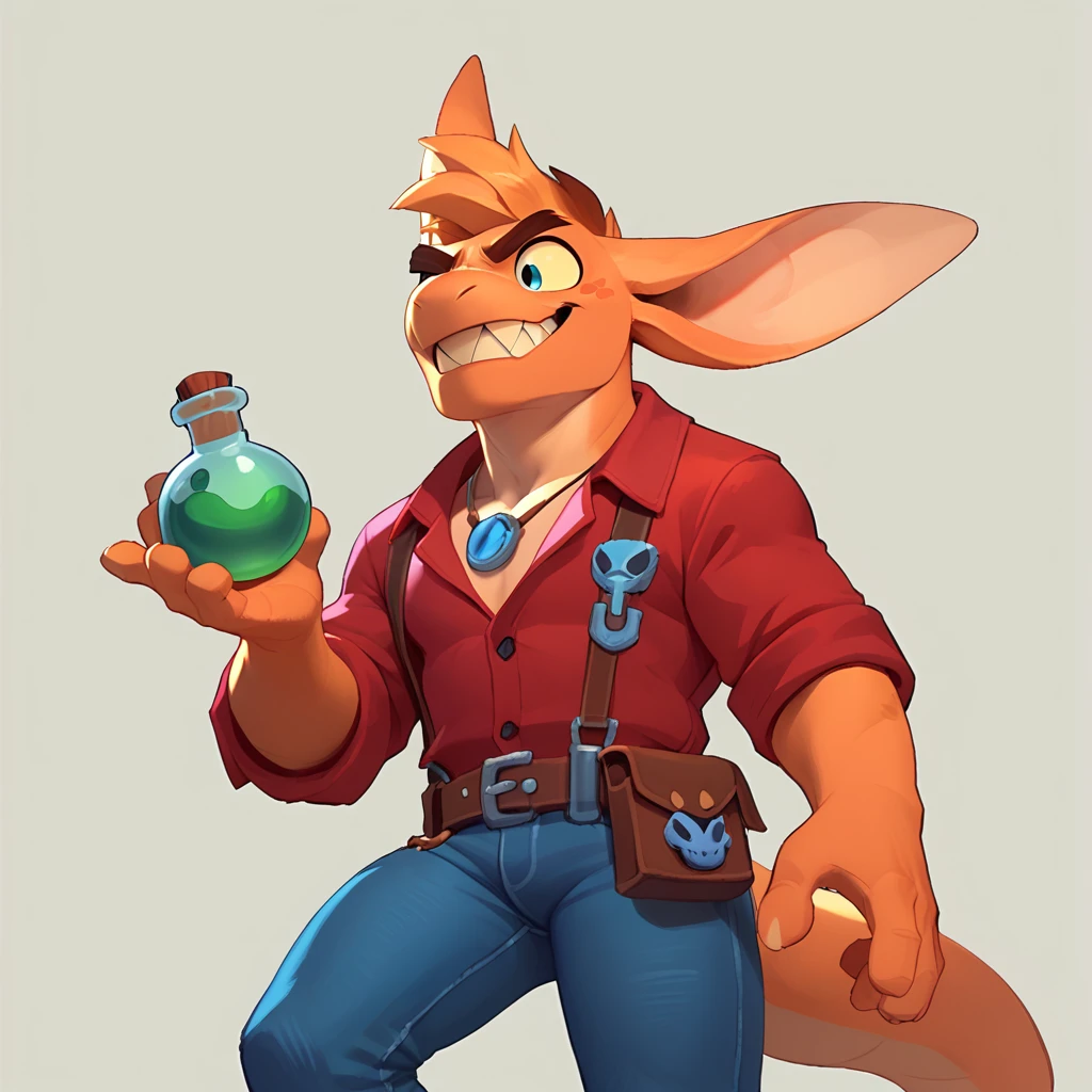 an anthropomorphic blue furball monster, male, with long ears, pointy teeth, who smiles, dressed in jeans, with a green potion in his hand