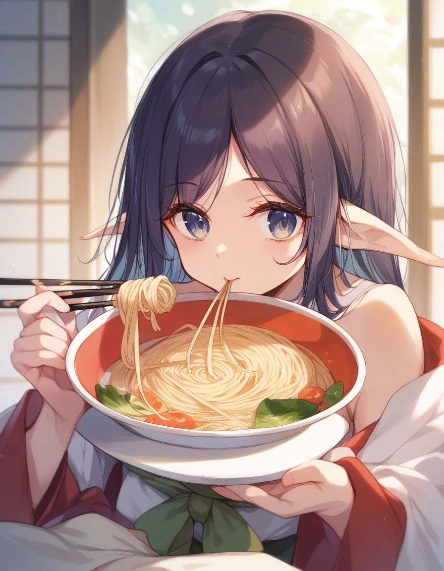 BREAK Perfect Anatomy、(High resolution:1.2)、Incredible illustrations、(Cute illustrations:1.2)、（Beautiful background） elf　(blowing Japanese noodles out of her mouth)