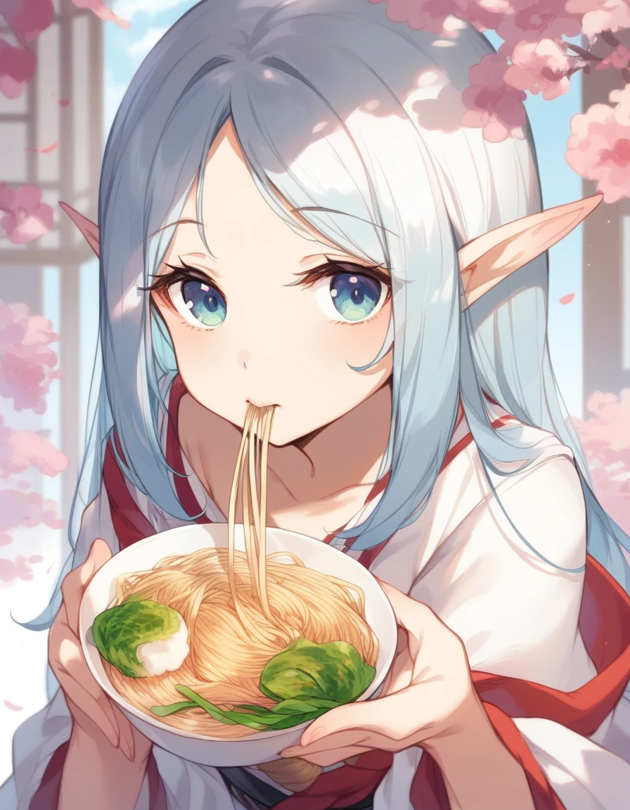 BREAK Perfect Anatomy、(High resolution:1.2)、Incredible illustrations、(Cute illustrations:1.2)、（Beautiful background） elf　(blowing Japanese noodles out of her mouth)