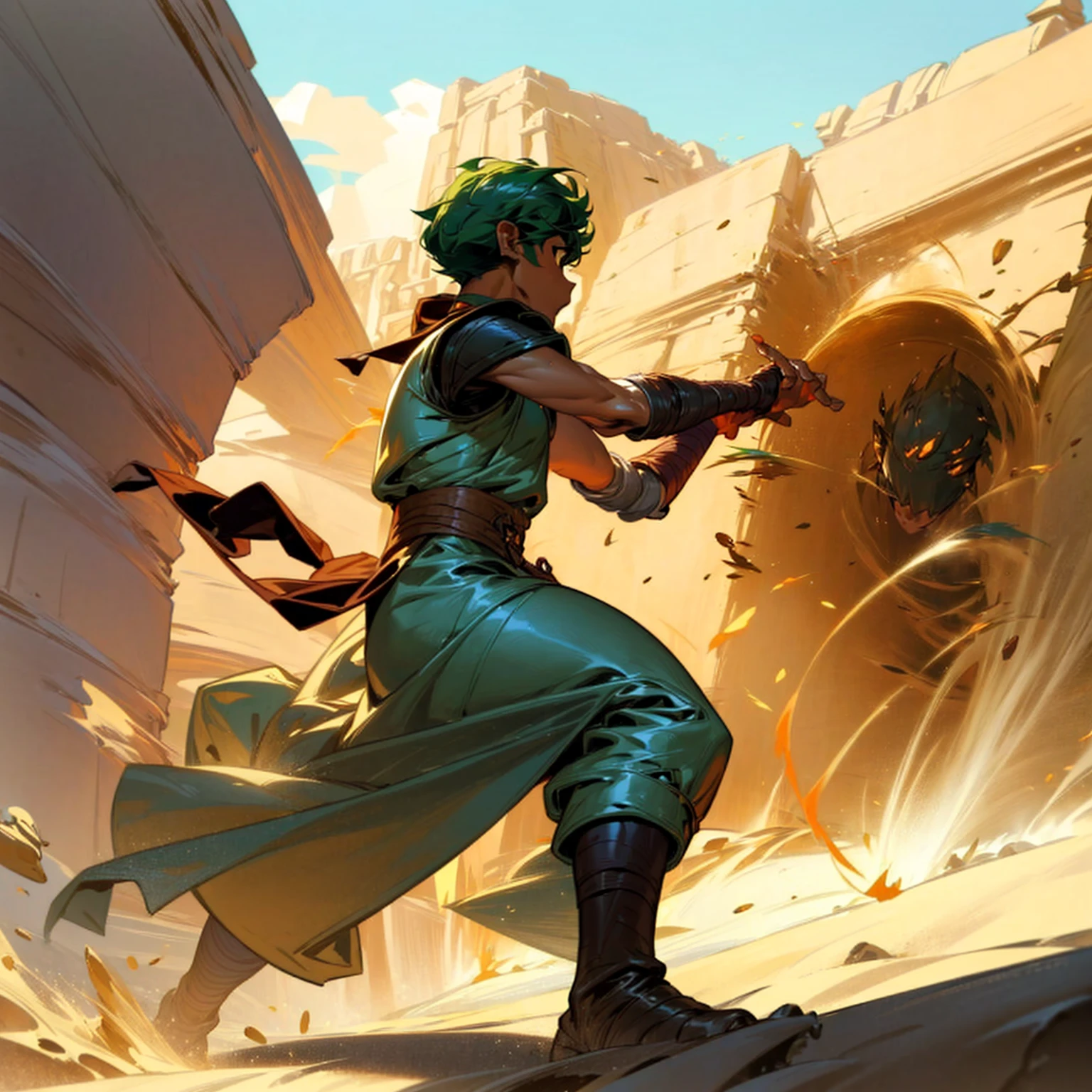1boy, Full body version, 1character, (sand wanderer), brown eyes color, dark skin, Curly cut hairstyle, small eyes type, green colour hair, doctor ancient roman clothing style, white color clothing, dark green robe, Ancient roman boots, armor vest, sands in two hand, Grassroots background in desert, (battle, battle gesture, battle poses, view character on small, He a sand wanderer, he controls sand with his hands, he fights enemies with sand, enemies, bandits, Fighting, intense battles, fighting in desert, Dynamic Pose, Motion Blur, emphasis lines, sparks, plasma, aura)