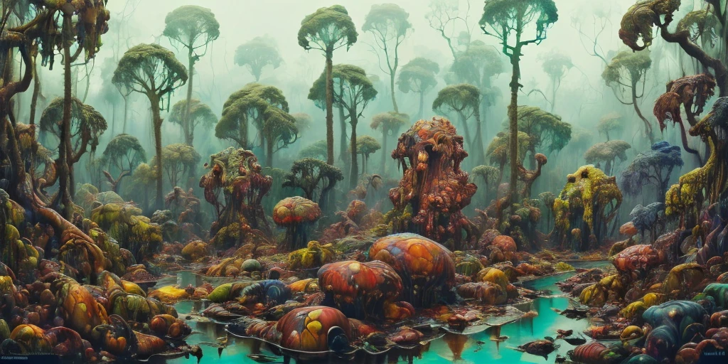 surreal lush forest mixed media, a (Paul Lehr Bernie Fuchs) magical fantasy designed, vivid colours, cryptic, mystical, flowing organic pop surrealism by james jean, roby dwi antono, ross tran, steven kenny, paul neberra, ashley wood, atmospheric, trending on artstation. 8 k masterpiece, fluid, filigree, smoke,