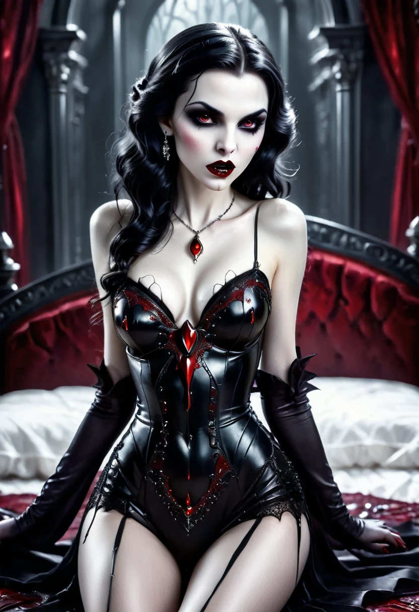 fantasy art deco (art deco: 1.5) A (black and white: 1.5) glamours (vampire: 1.5) model shot, RAW, award winning, of an exquisite beautiful 1solo female vampire, ultra feminine, full body, busty woman, most beautiful face ultra detailed face, long hair, wavy hair, pale skin, glowing (red: 1.3) eyes, wearing (purple: 1.5) silk intricate glamour dress corset , studded with (black opals: 1.3) wearing intricate high heels, lying in bed, light make up, ancient library background, (black and white filter: 1.4), (anatomically correct: 1.4), 1960s photoshoot style, picture taken from dynamic range, vibrant, Ultra-high resolution, High Contrast, (masterpiece:1.5), highest quality, Best aesthetics), best details, best quality, highres, ultra wide angle, 16k, [ultra detailed], masterpiece, best quality, (extremely detailed), Intense Gaze, RedGlitter, dark novel, Blood_Covered, goth person