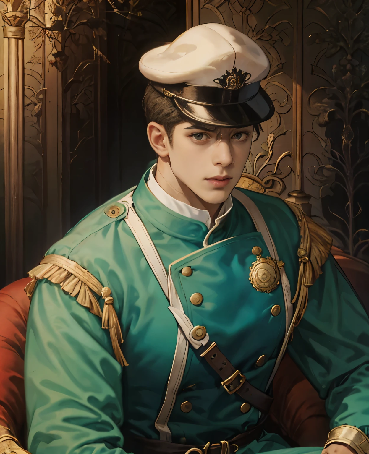 Serious brown man, wearing British/Mexican militia outfit, young thin red eyes, no beard or mustache, military cap
placing one hand on his chest in military style and the other straight looking at the camera, he has black and wavy hair, his presidential flag is dark bluish green