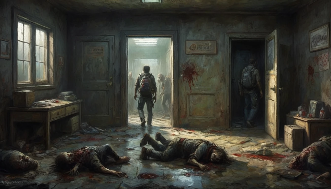 Make a room, with a dark apocalyptic setting, In this one, there is a person looking at the door and wearing a backpack on their back, at the door there are 2 rotting zombies with exposed wounds and the zombies&#39; eyes are yellow.