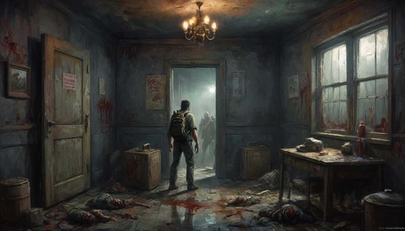 Make a room, with a dark apocalyptic setting, In this one, there is a person looking at the door and wearing a backpack on their back, at the door there are 2 rotting zombies with exposed wounds and the zombies' eyes are yellow.